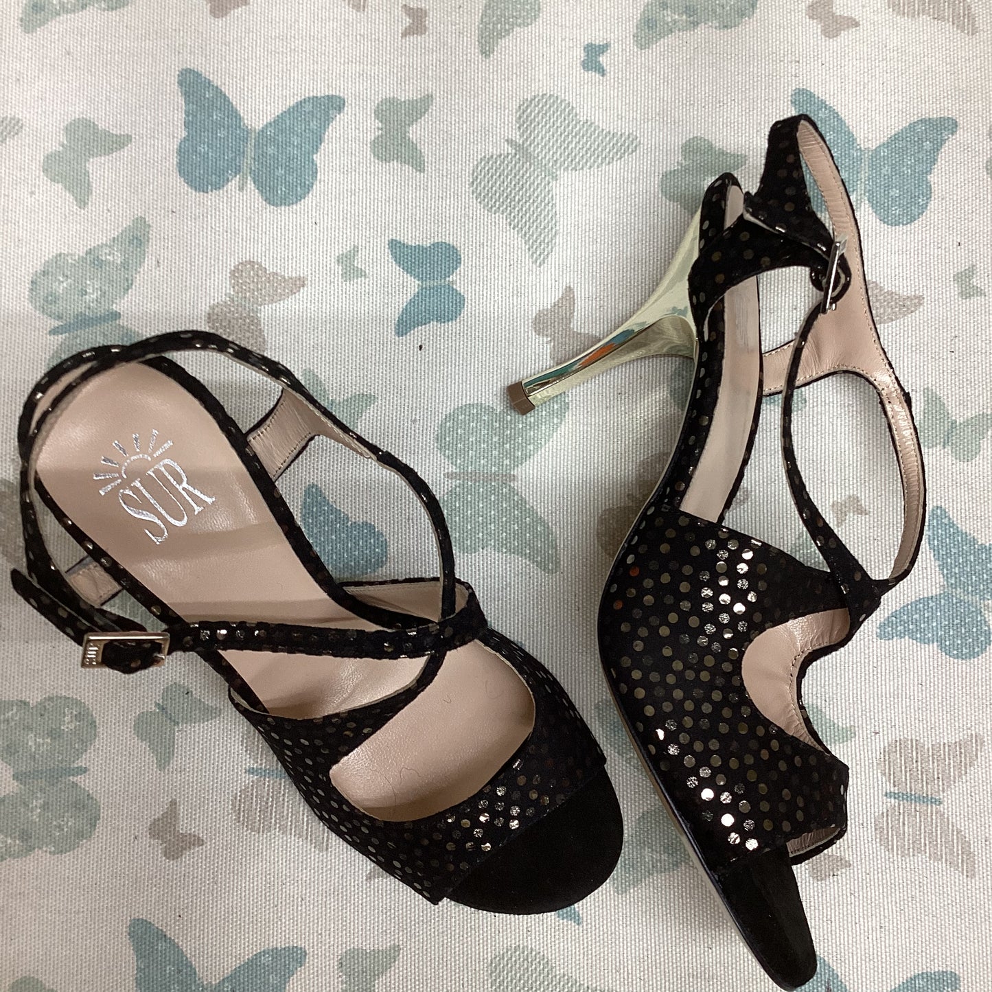 SUR | Black with Gold Dots, Shiny Gold Heel, 7CM (Reg), Tango Shoes