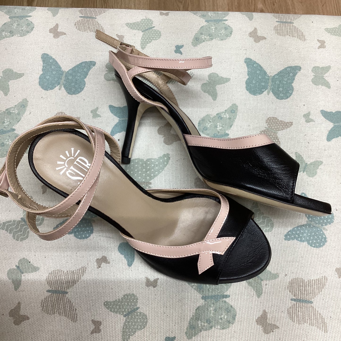 SUR | Black with Long pink straps, wide, Heel 7 CM