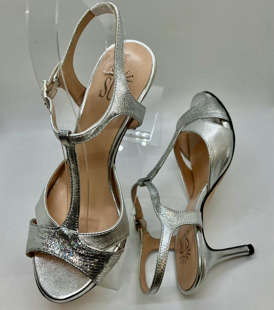 Sur, Silver T-strap, regular to wide, Heel 7 cm