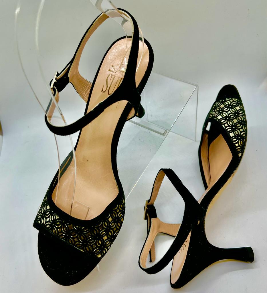 Sur, Soft Suede, black with gold, reg, Heel 6 cm