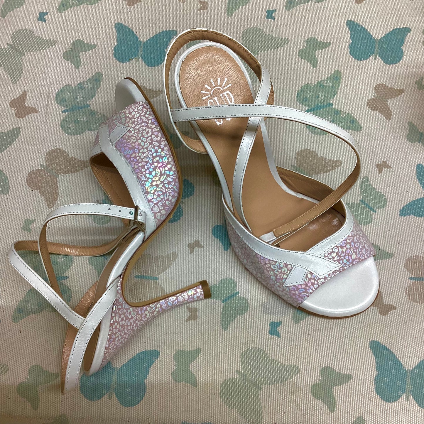 SUR | Shiny Print Design with White bow, long strap, regular, Heel 9 cm