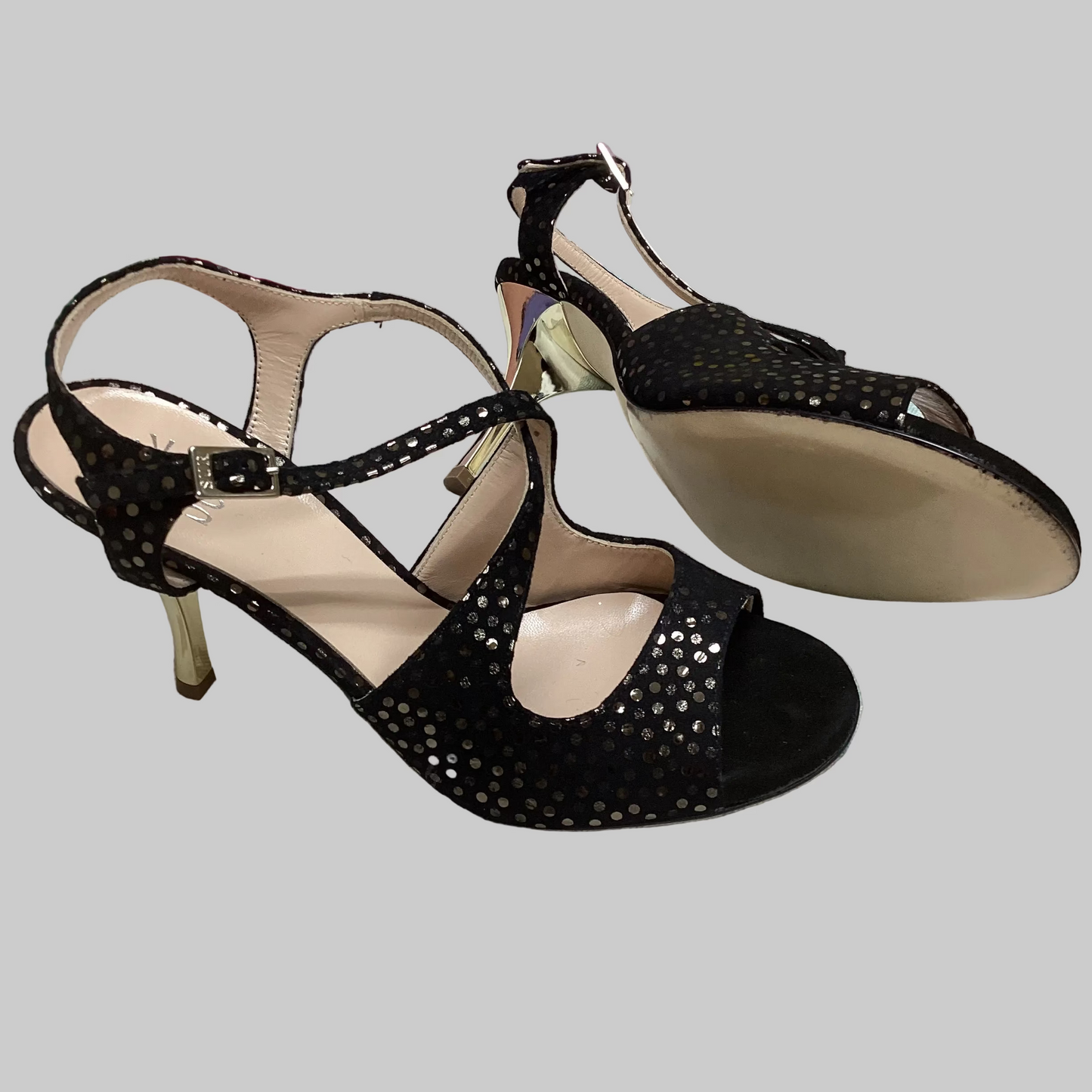 SUR | Black with Gold Dots, Shiny Gold Heel, 7CM (Reg), Tango Shoes