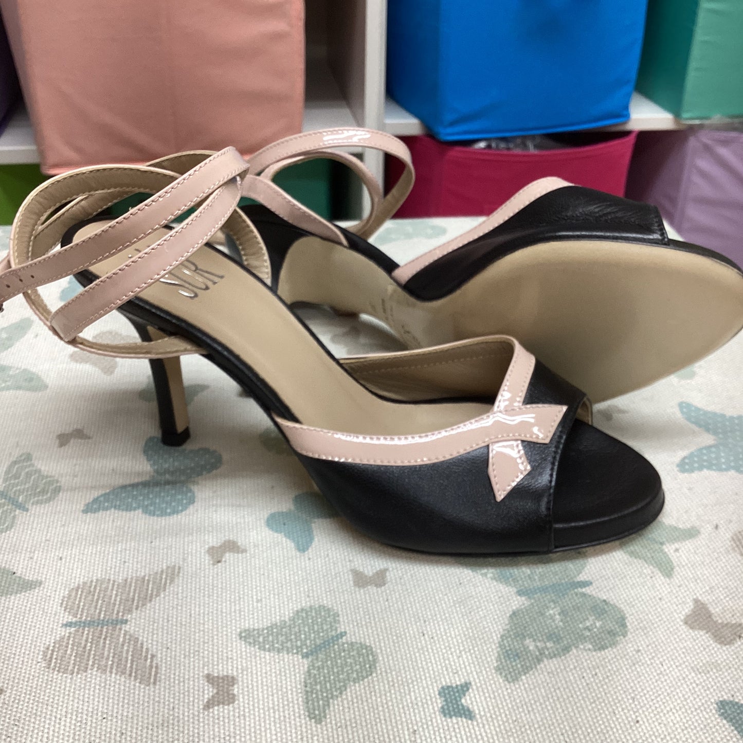 SUR | Black with Long pink straps, wide, Heel 7 CM