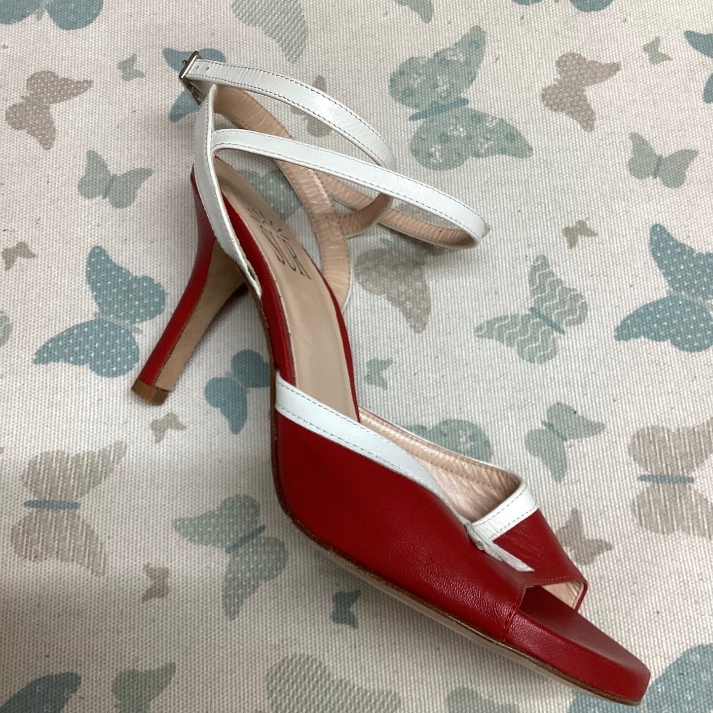 Sur | Red with white bow, long strap, regular, Heel 7 cm