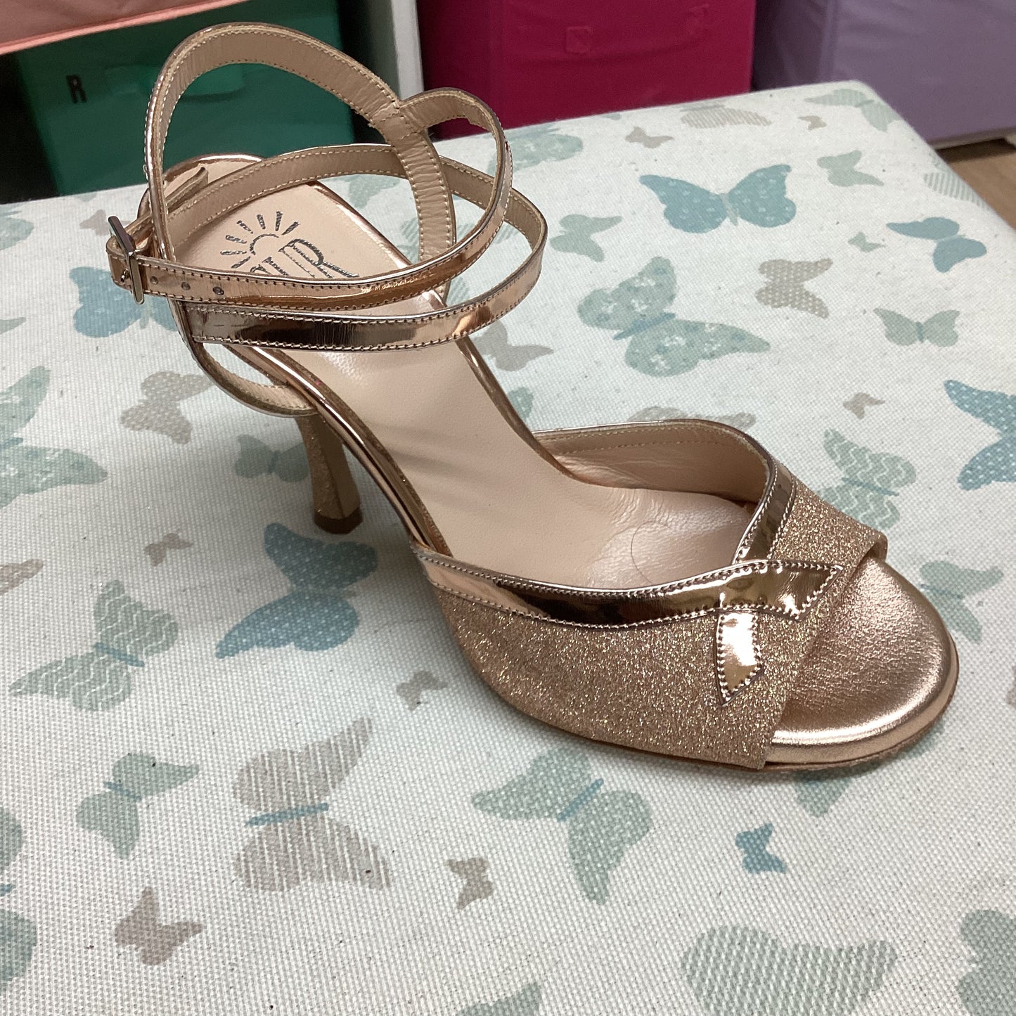 Sur | Rose Gold Glitter with Shiny bow, long strap, regular, Heel 9cm