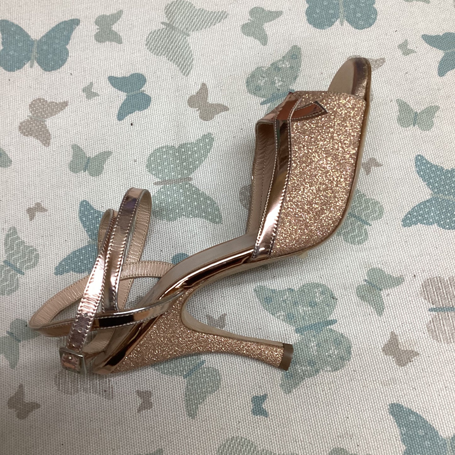 Sur | Rose Gold Glitter with Shiny bow, long strap, regular, Heel 9cm