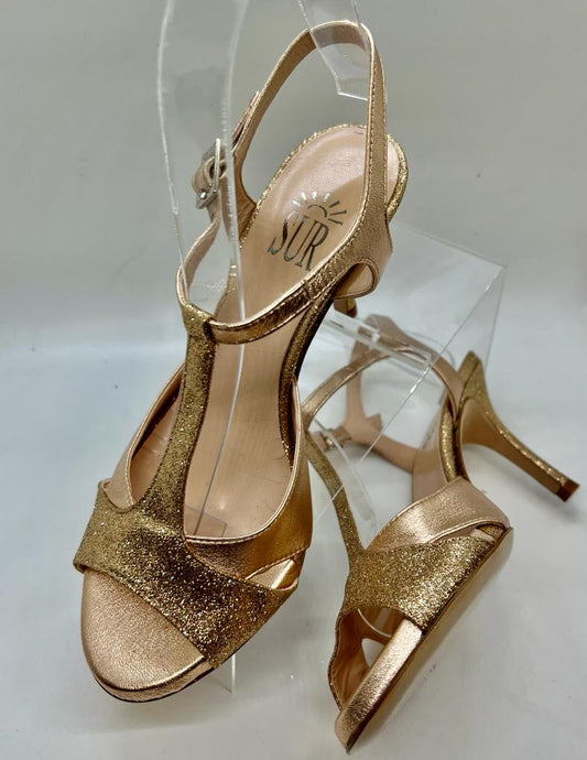 Sur gold t-strap, wide, 7 cm heel