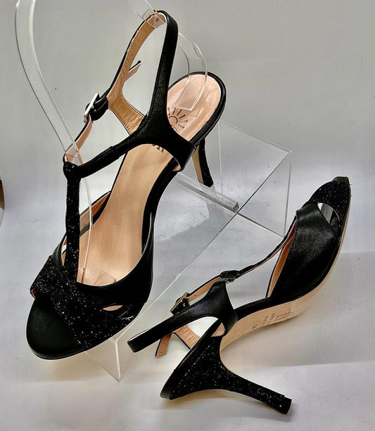 Sur, Black T-strap, shiny heels, wide, Heel 7 cm